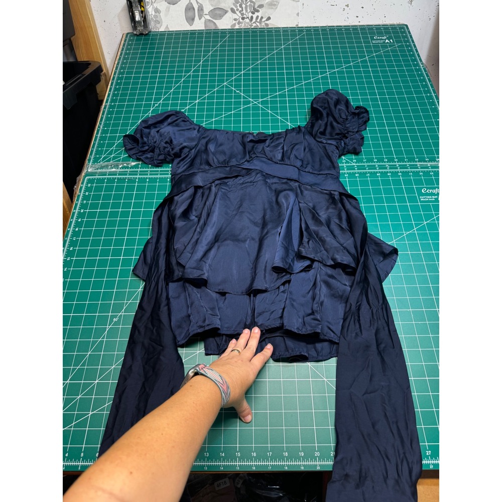 Francescas Navy Blue Tiered Peplum Blouse Off Shoulder Puff Sleeve Tie Waist NWT